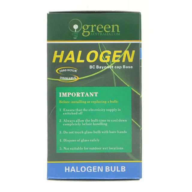 Box of Halogen bulb with green and blue design on a white background