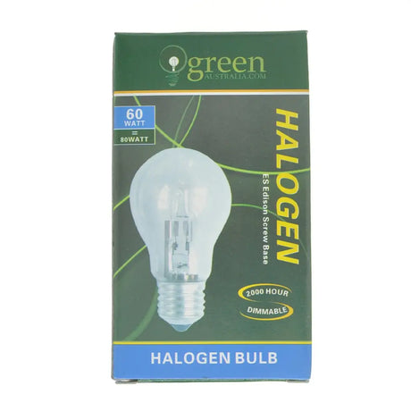 Packaging of a halogen bulb with green and blue design on a white background