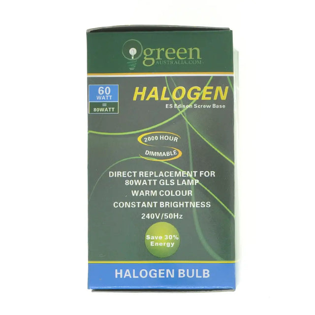 Box of halogen bulb with green and blue design on a white background