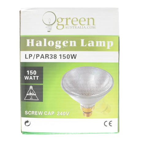Box of a halogen lamp with green and white design
