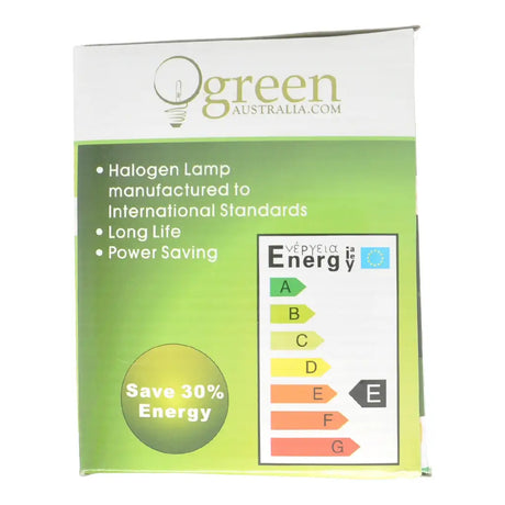 Green Australia packaging for a halogen lamp with energy efficiency rating.
