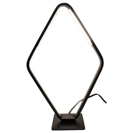 Modern black table lamp with a geometric design on a white background