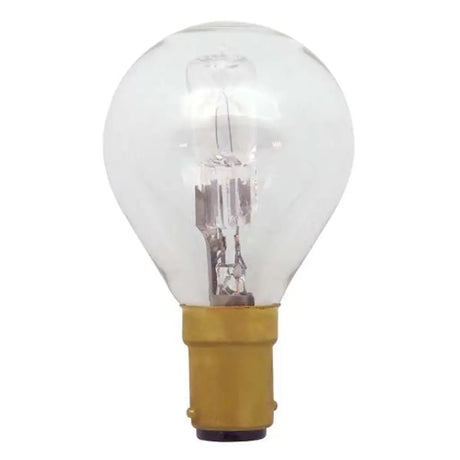 Clear light bulb with a yellow base on a white background