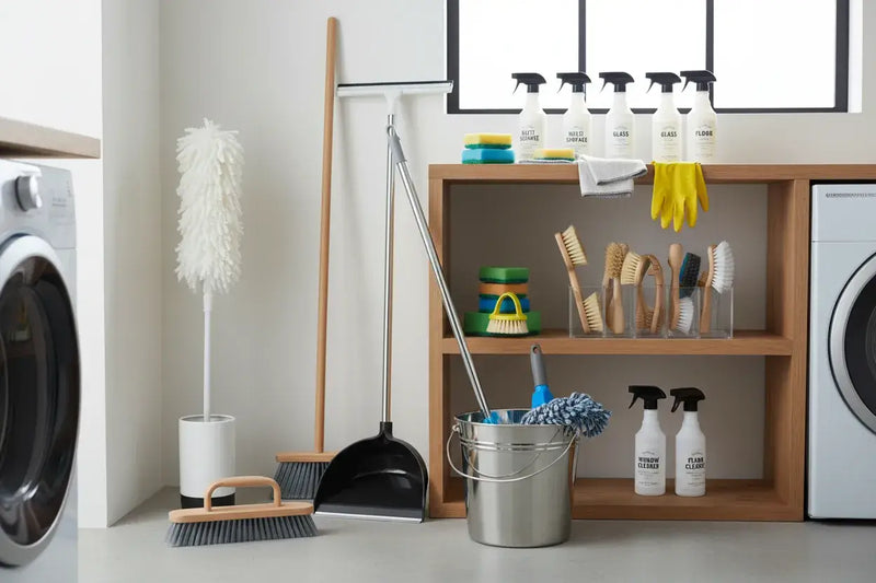 Cleaning supplies including brooms, buckets, and cleaning products on a shelf in a laundry room.