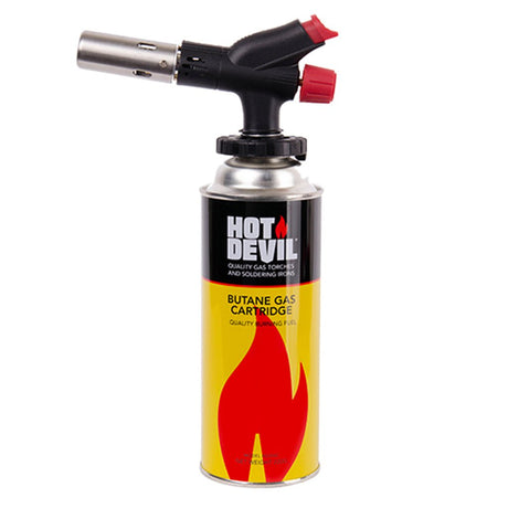 Hot Devil butane gas cartridge with torch on a white background