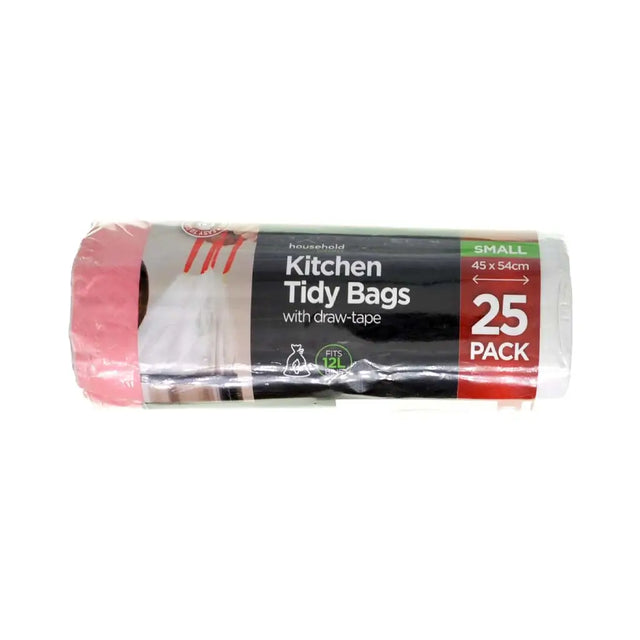 Pack of kitchen tidy bags with draw tape on a white background