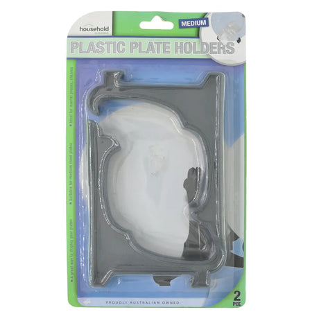 Packaged plastic plate holders with a clear plastic cover on a white background
