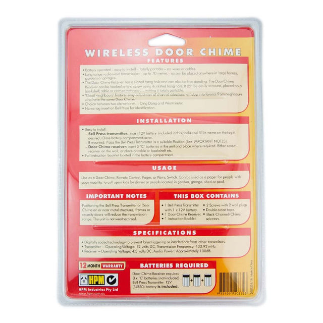 HPM Battery Operated Wireless Door Chime Up to 70 metres Range D641/BLR