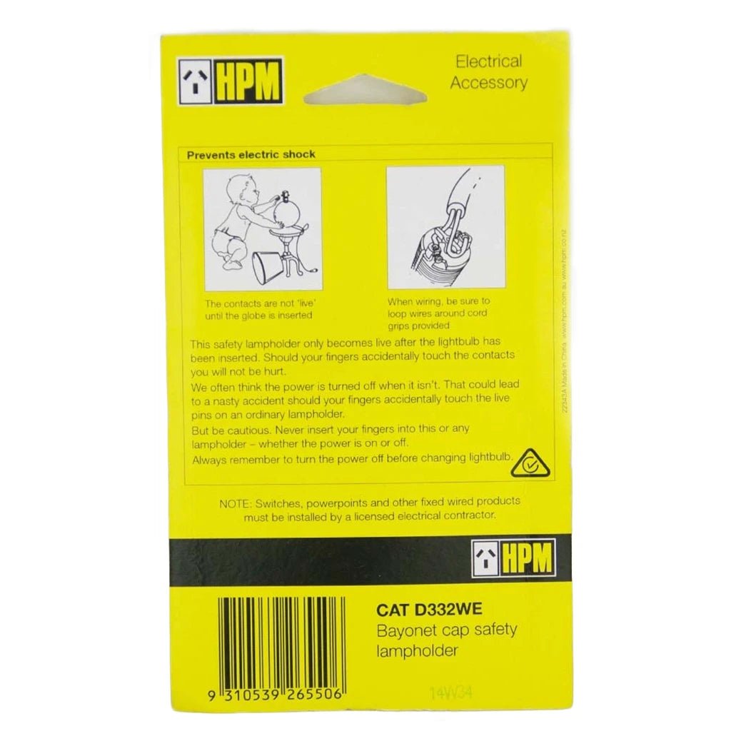 HPM Tapered Cap Safety Lamp Holder B22 White D332WE