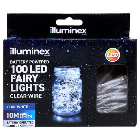 Illuminex battery-powered LED fairy lights packaging with clear wire and jar illustration.