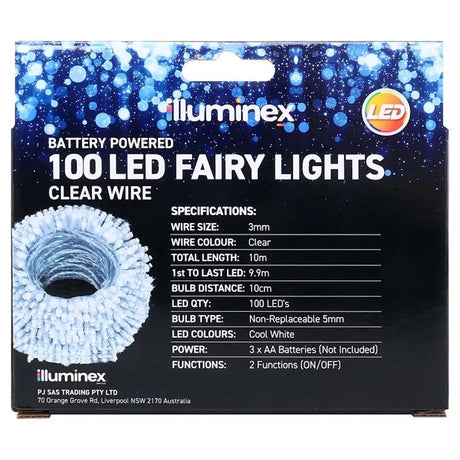 Packaging of illuminex 100 LED fairy lights with specifications on a white background