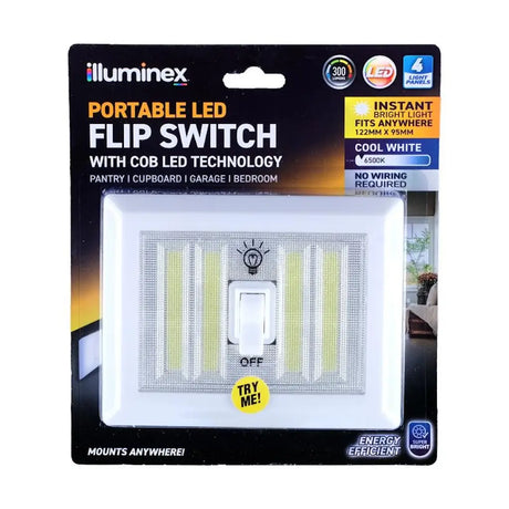 Packaged portable LED flip switch with COB LED technology by Illuminex on a white background.