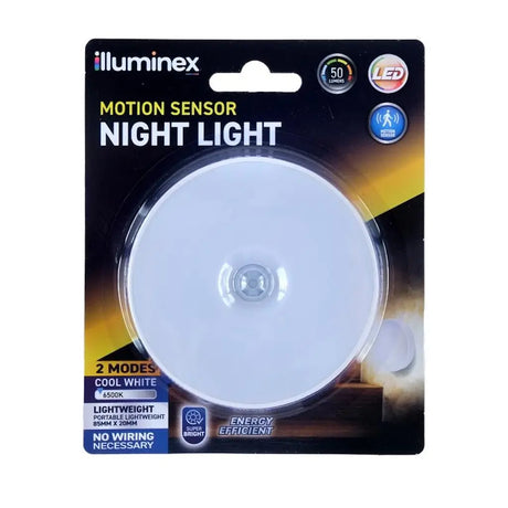 Illuminex motion sensor night light packaging on a white background