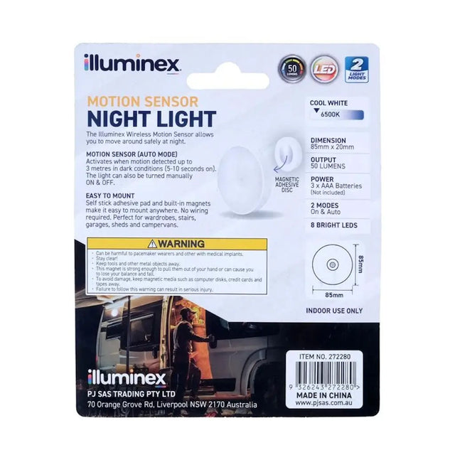 Illuminex motion sensor night light packaging on a white background