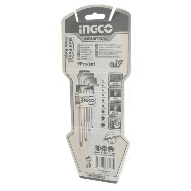 Ingco Extra Long Arm Ball Point Hex Key Set 1.5 - 10mm 9Pcs HTM - HHK12092