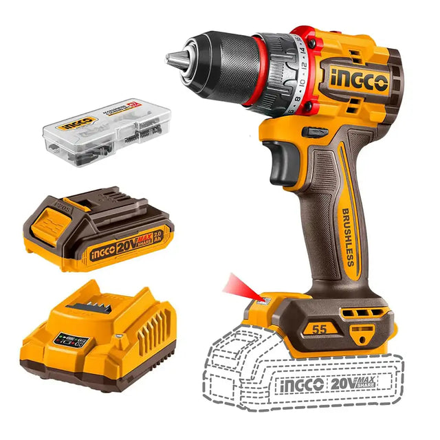 ingco Compact Brushless 20V Li-Ion Cordless Drill Kit