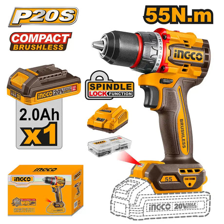ingco Compact Brushless 20V Li-Ion Cordless Drill Kit