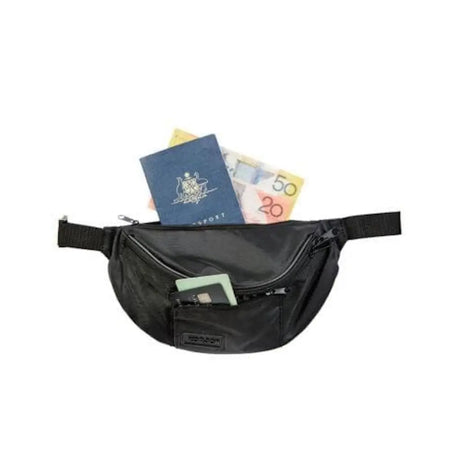 Black waist bag with a passport and money on a white background
