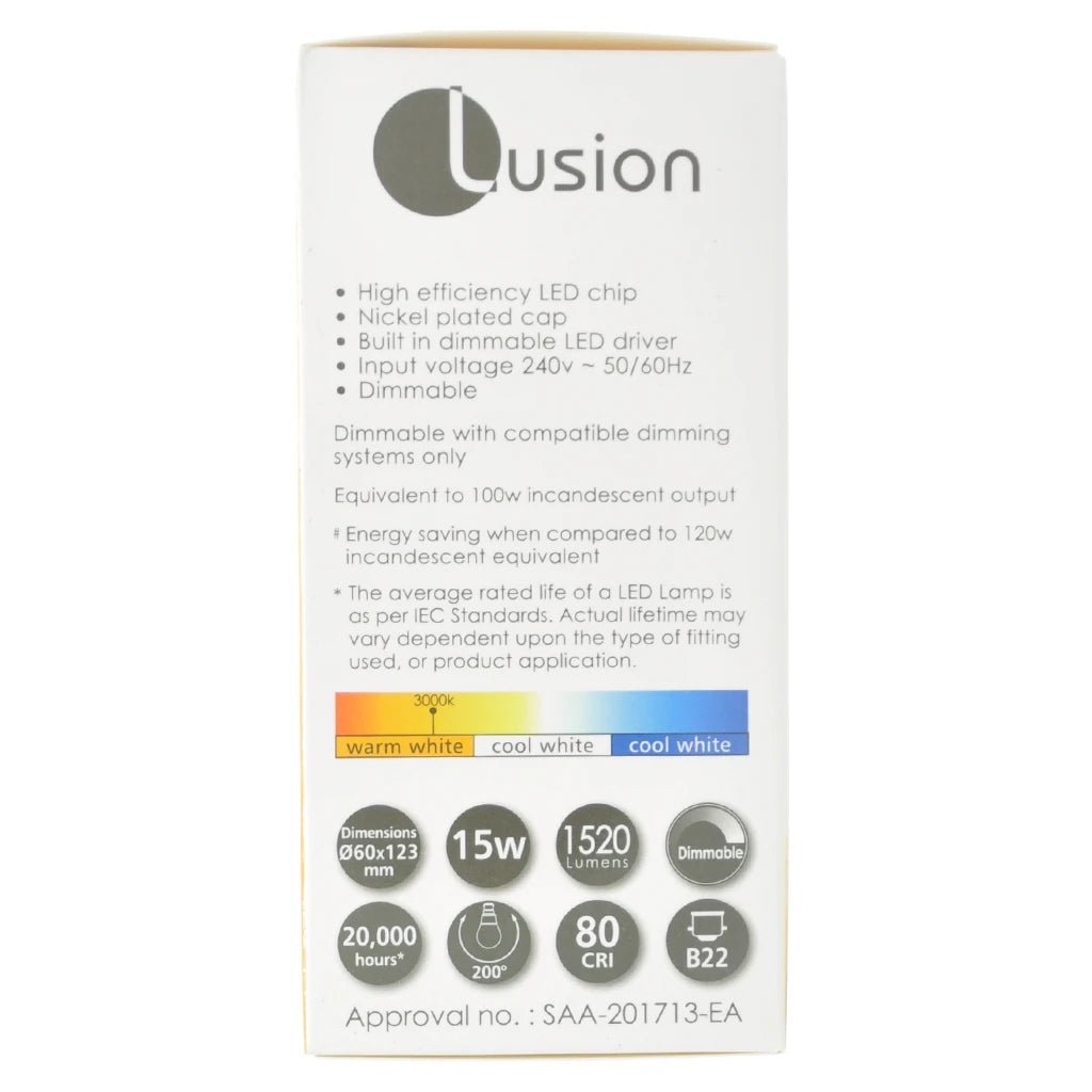 Lusion GLS LED Light Bulb B22 240V 15W W/W Opal 20431