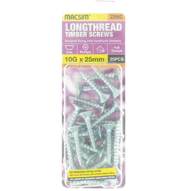 MACSIM 10Gx25mm Countersunk LONGTHREAD Timber Screw Zinc Plate SP21LZ1025