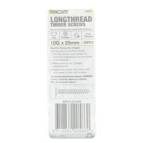 MACSIM 10Gx25mm Countersunk LONGTHREAD Timber Screw Zinc Plate SP21LZ1025