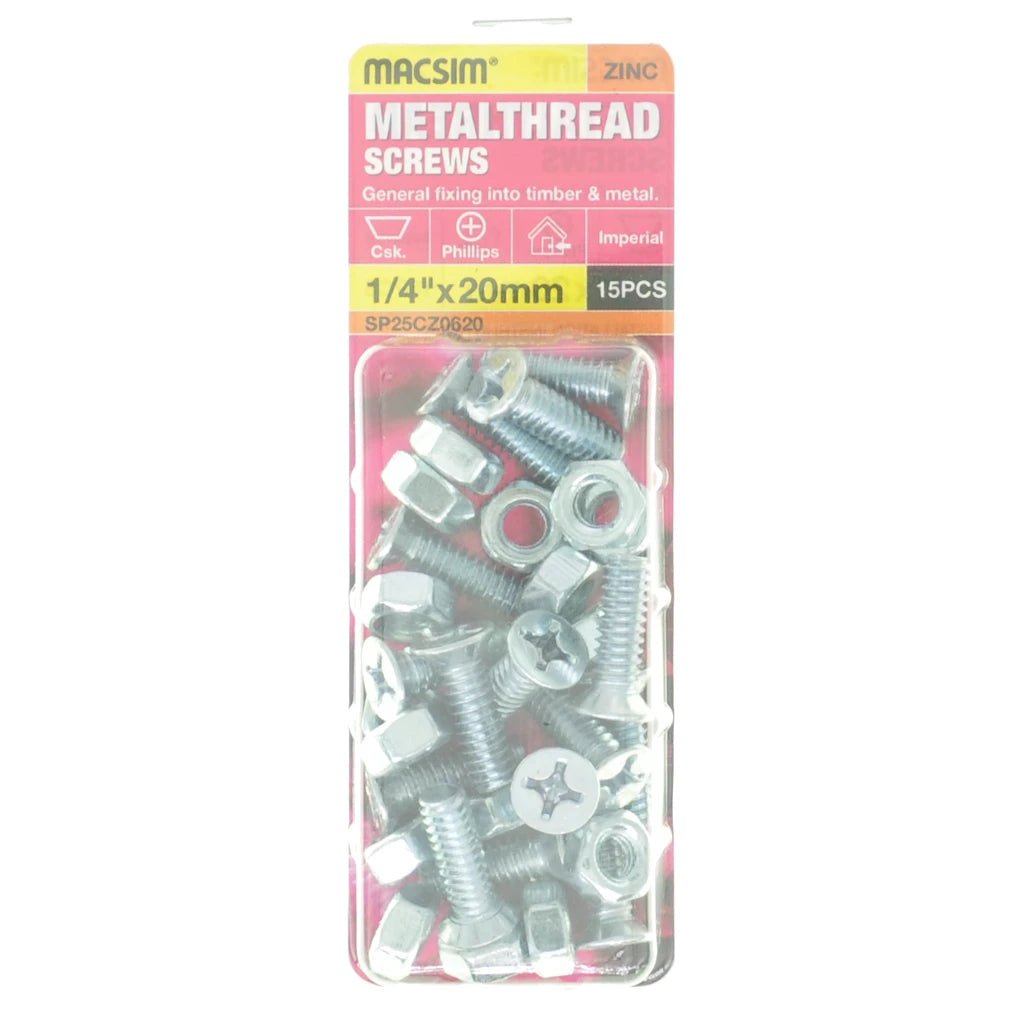 MACSIM 1/4"x20mm METALTHREAD Bolt Countersunk Zinc SP25CZ0620