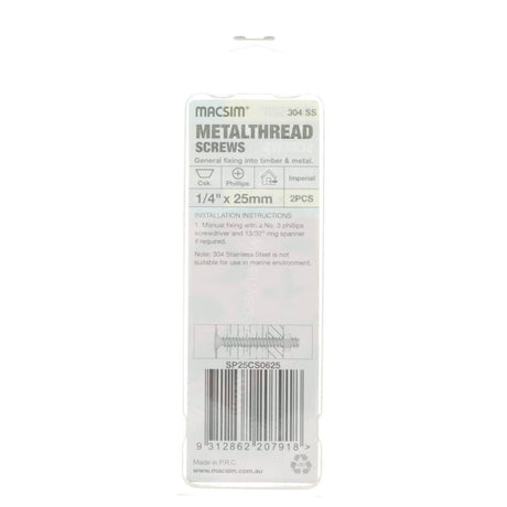 MACSIM 1/4"x25mm METALTHREAD Bolt Countersunk Head Stainless Steel SP25CS0625