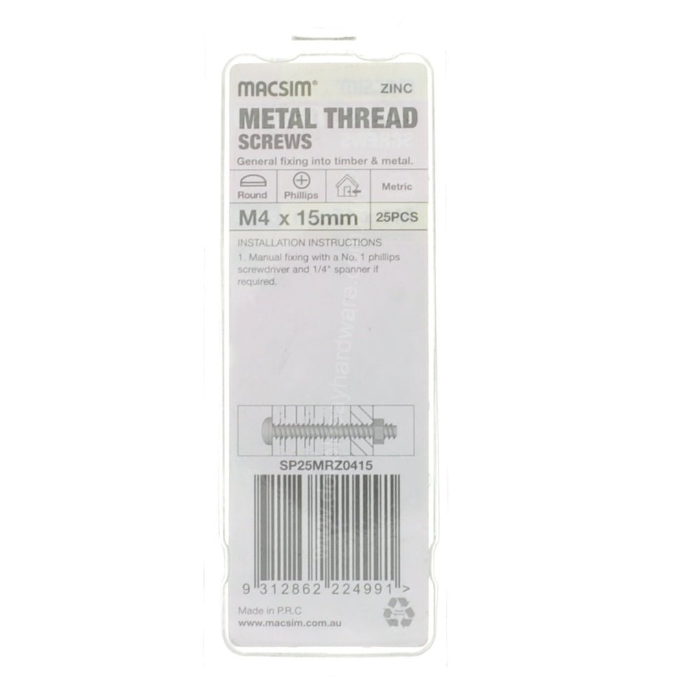 MACSIM M4x15mm METALTHREAD Bolt Round Head Zinc SP25MRZ0415