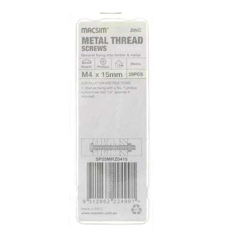 MACSIM M4x15mm METALTHREAD Bolt Round Head Zinc SP25MRZ0415