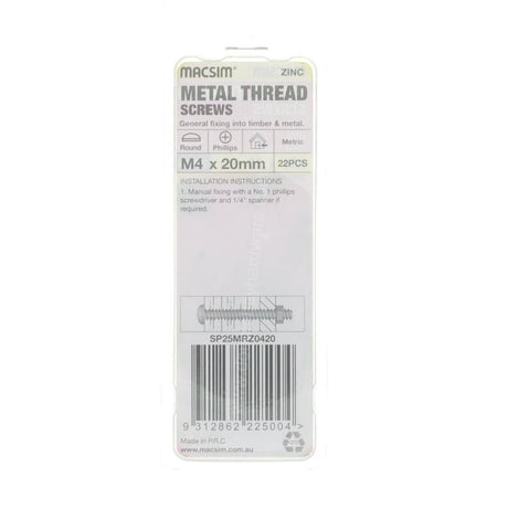 MACSIM M4x20mm METALTHREAD Bolt Round Head Zinc SP25MRZ0420