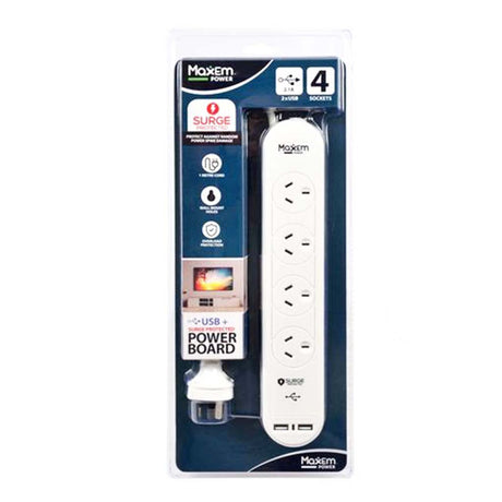MaxEm 1m 4 Switched Outlets Powerboard With 2USB ELS - 0443