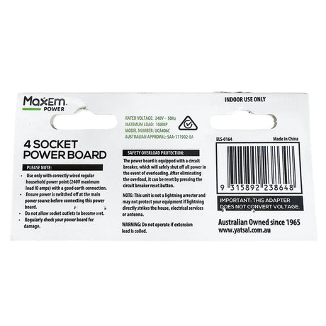 MaxEm 4 way Power Board 10A With Overload Protection White ELS - 0164