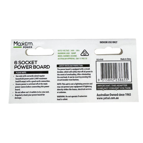 MaxEm 6 Way Power Board 10A With Overload Protection White ELS - 0165
