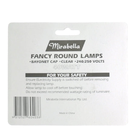 Mirabella Fancy Round Incandescent Light Bulb B22 240V 40W Clear 2Pcs
