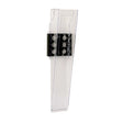 Clear plastic rain gauge with black clip on a white background