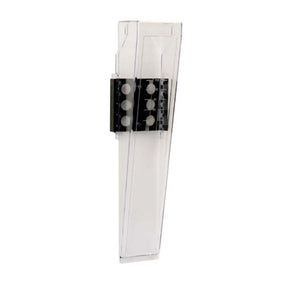 Clear plastic rain gauge with black clip on a white background