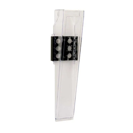 Clear plastic rain gauge with black clip on a white background