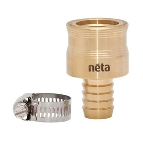 Brass fitting with 'neta' branding and a metal clamp on a white background