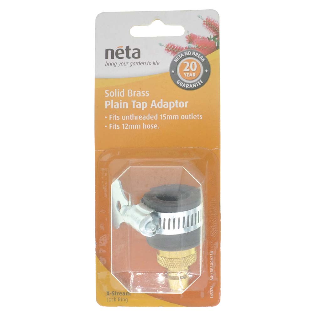 neta Solid Brass Plain Tap Adaptor Fits 12mm Hose to 15mm Outlet