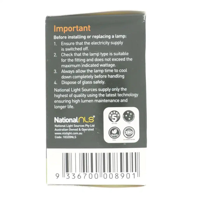 Back of a packaging box with text and National Light Sources branding
