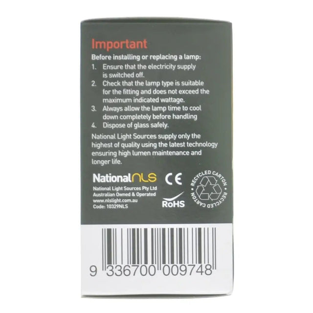 Back of a light bulb packaging with safety instructions and branding on a white background