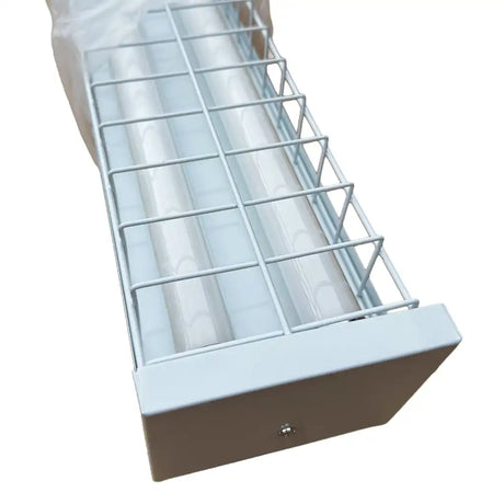 Fluorescent light fixture with multiple bulbs on a white background