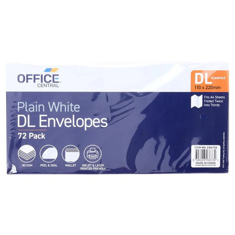 Office Central Peel & Seal Plain White DL Envelopes 110x220mm 72Pcs 236732