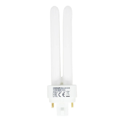Compact fluorescent light bulb with two thin extensions on a white background