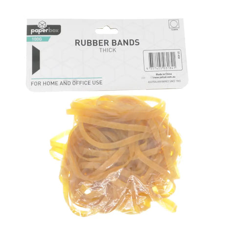 Pack of thick yellow rubber bands with Paperbox packaging on a white background
