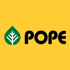 Logo of POPE with a green leaf symbol on a yellow background