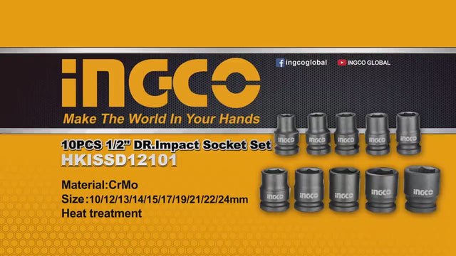 Ingco Impact Socket Set 1/2 Inch 10Pcs HKISSD12101