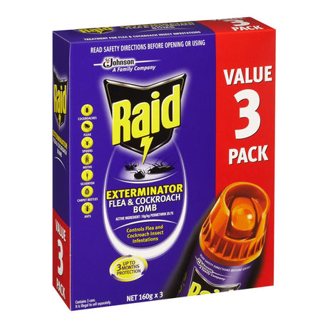 Raid Exterminator Flea & Cockroach Bomb 160gX3