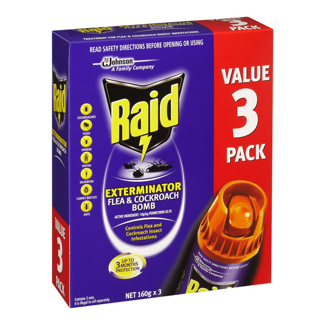 Raid Exterminator Flea & Cockroach Bomb 160gX3