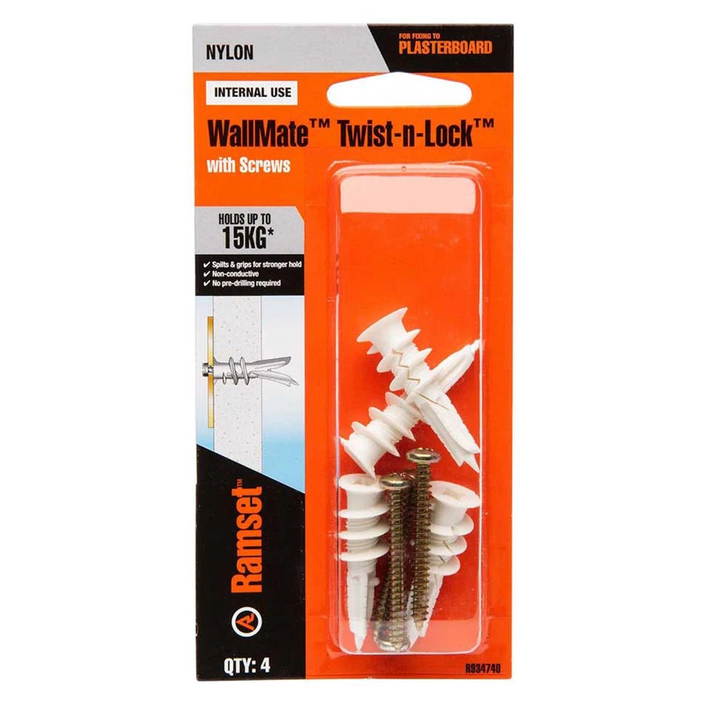 Ramset Wallmate Twist N Lock Nylon Pasterboard Anchor With Screws 15Kg 4Pcs R934740